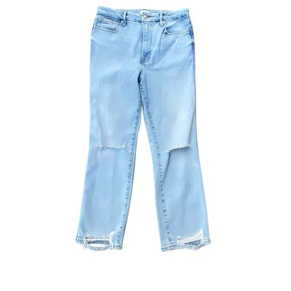 Good American Denim - GOOD AMERICAN Good Classic Straight Leg Jeans Light Blue Distressed Size 10/30
